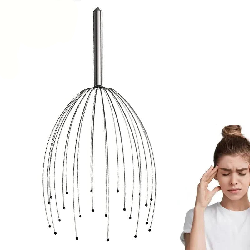 Black metal scalp massager with YUNTES branding on a white background, next to a person with a headache.