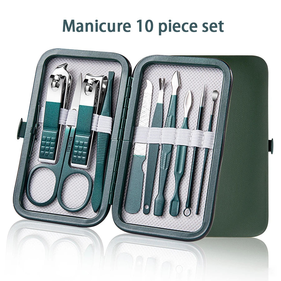 Manicure set with 10 pieces in a green case on a white background