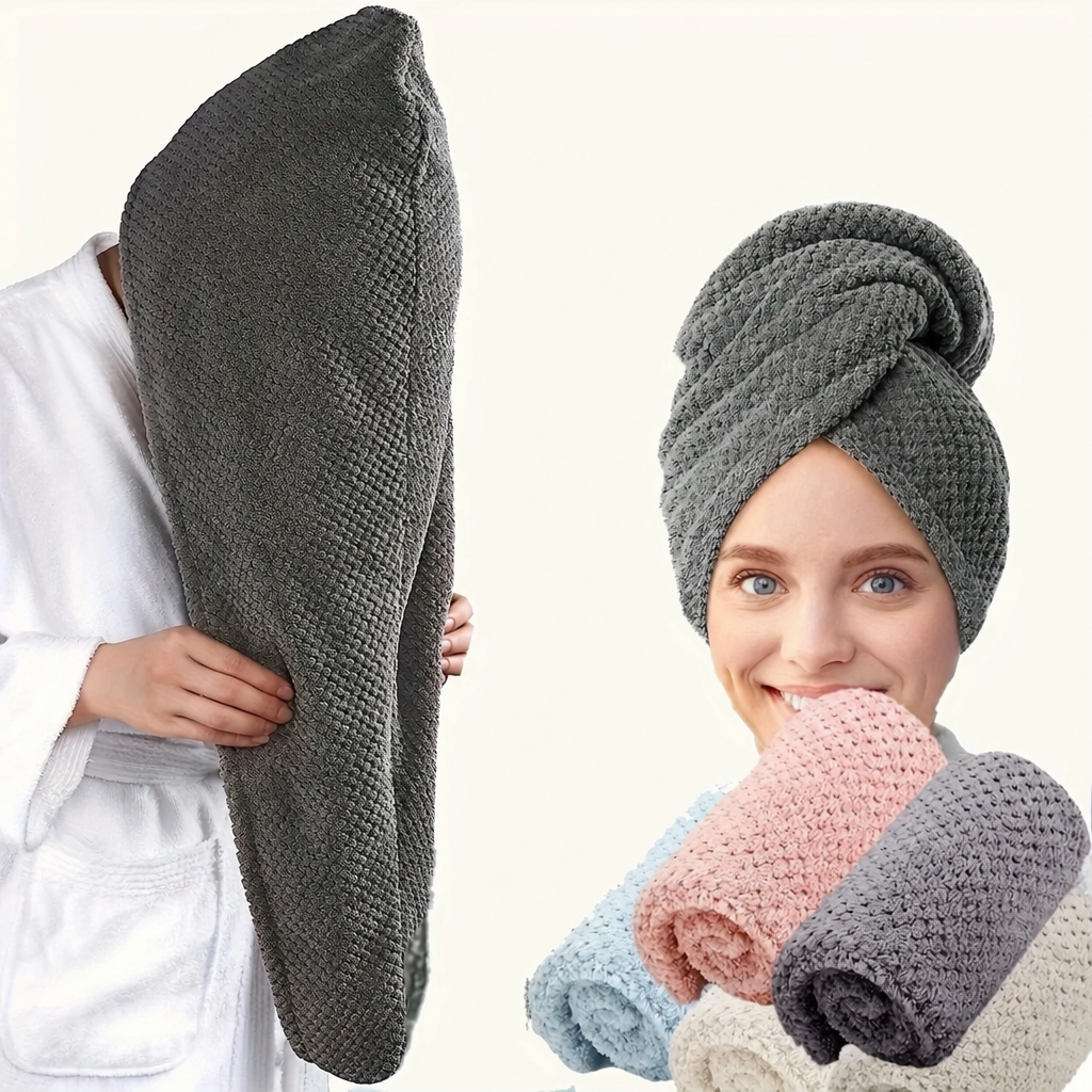 Woman wearing a grey hair towel wrap, alongside a demonstration of wrapping hair and towels in several colours.