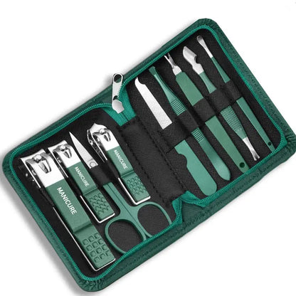 Manicure set with tools in a green case on a white background