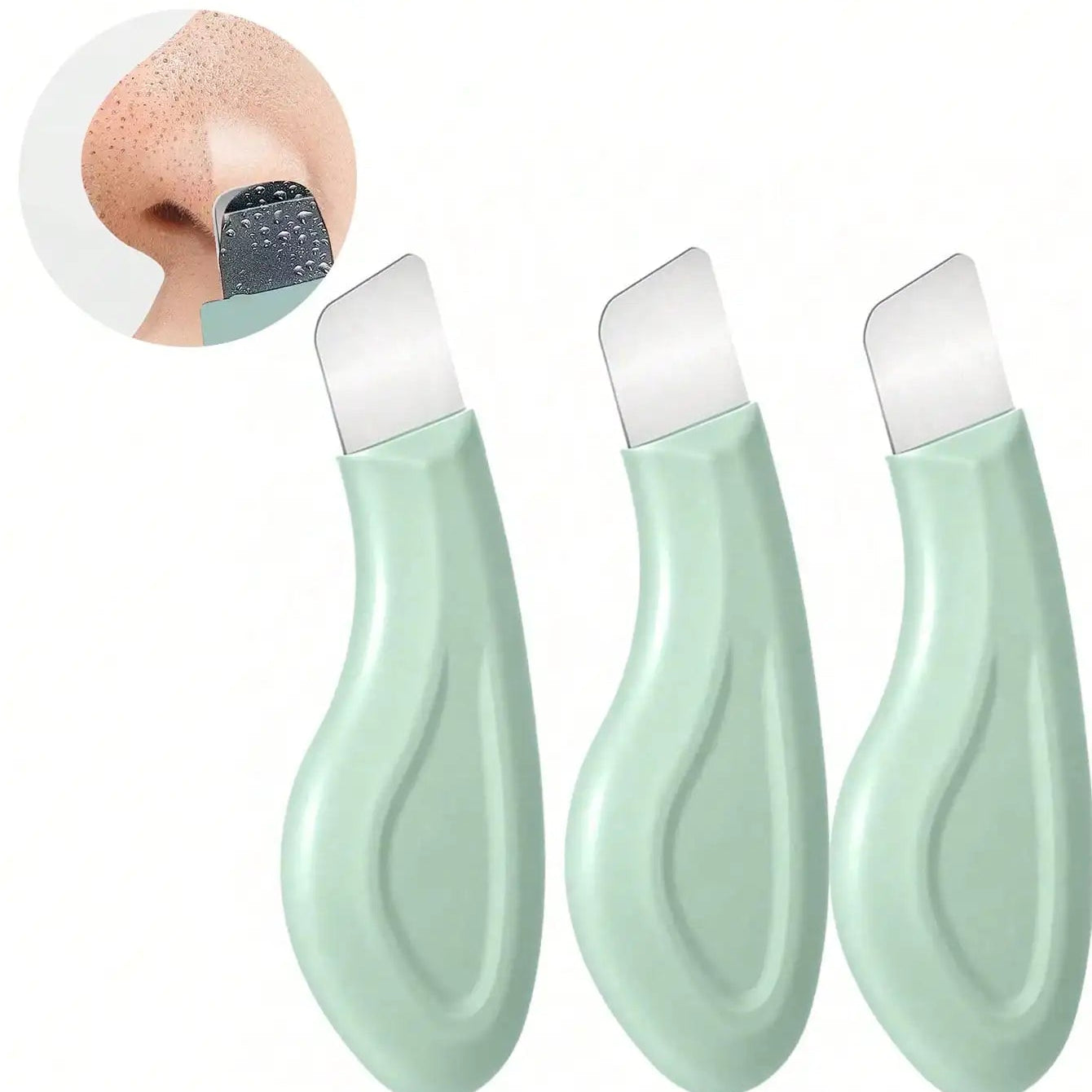 Three green blackhead vacuum cleaners with a close-up of a nose with a blackhead being removed.