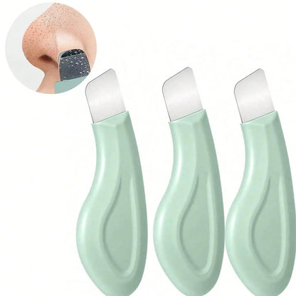Three green blackhead vacuum cleaners with a close-up of a nose with a blackhead being removed.