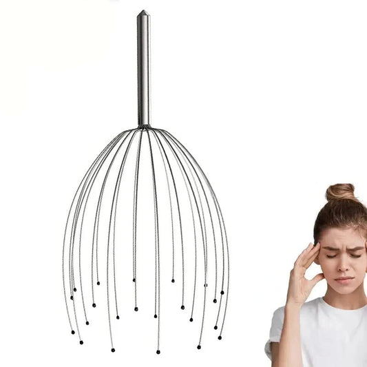 Black metal scalp massager with YUNTES branding on a white background, next to a person with a headache.