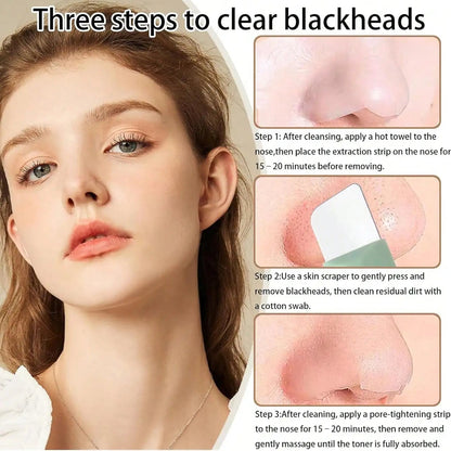 Three-step process for clearing blackheads with a woman's face and step-by-step instructions.