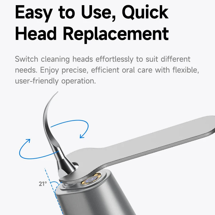 Close-up of a dental tool with text highlighting easy head replacement.