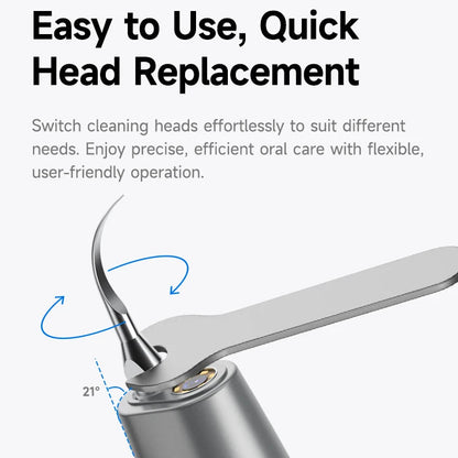 Close-up of a dental tool with text highlighting easy head replacement.