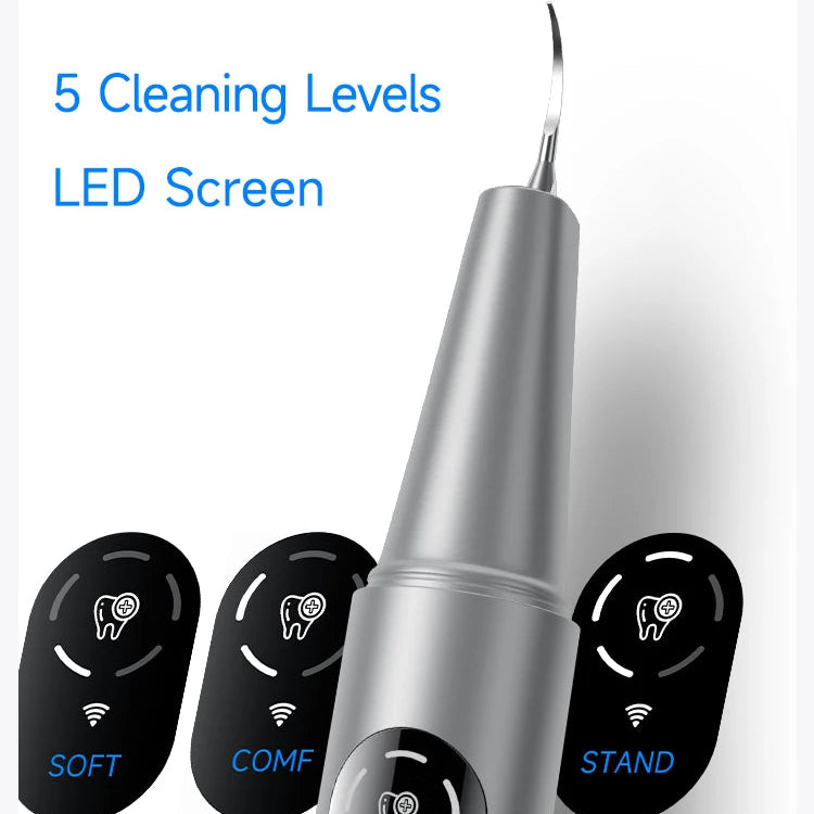 Dental cleaning device with control buttons and LED screen on a white background