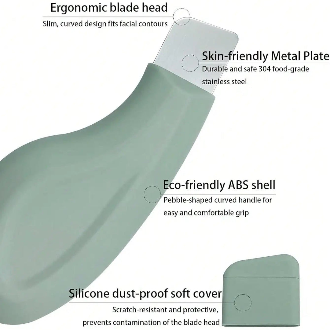 Green blade head with text highlighting features on a white background