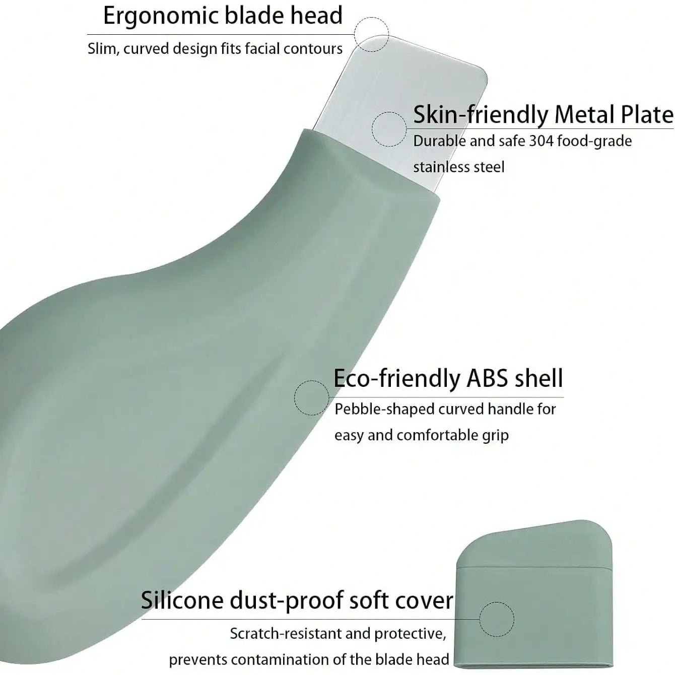 Green blade head with text highlighting features on a white background