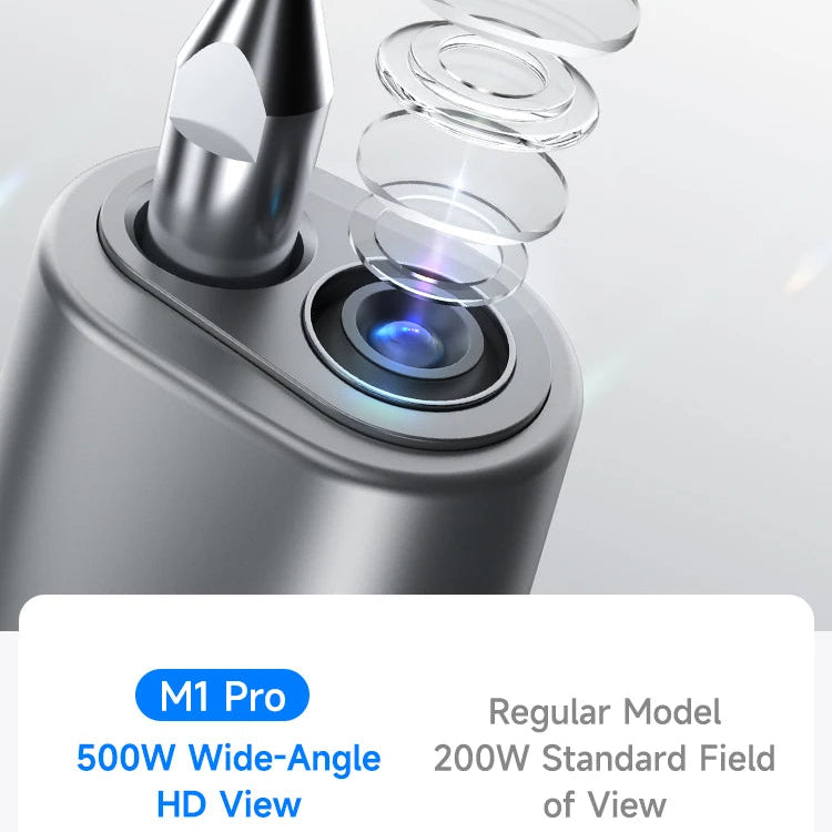 Close-up of a device with a wide-angle lens and camera, featuring text about camera specifications.