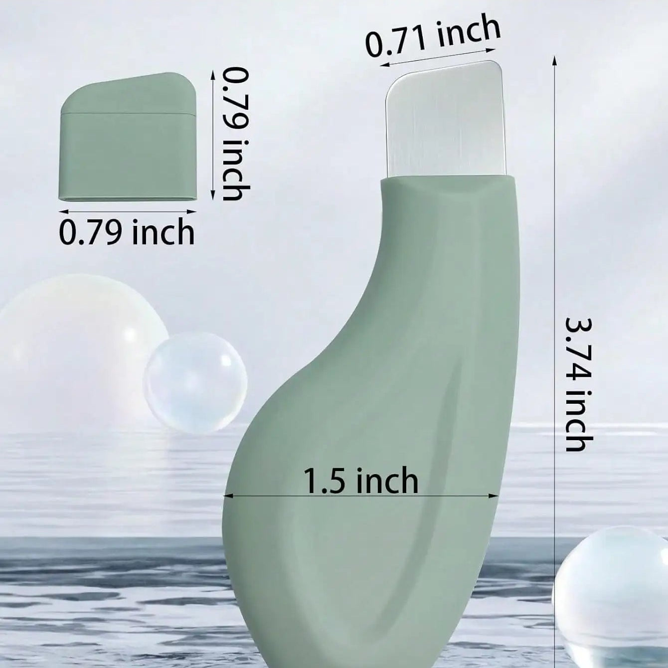 Green bottle with measurements on a marble background