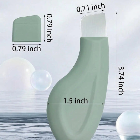 Green bottle with measurements on a marble background