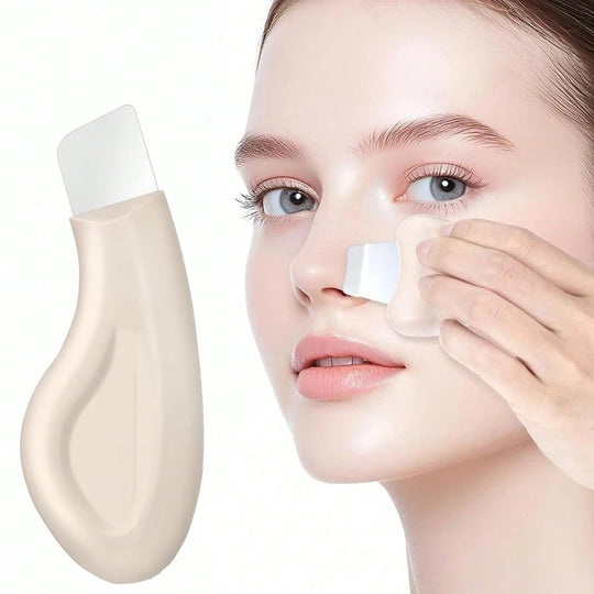 Woman using a skincare tool on her face with a close-up of the tool on a white background