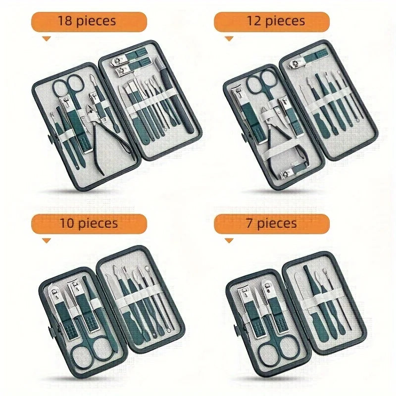 Set of manikin hands with various tools in different-sized cases on a white background