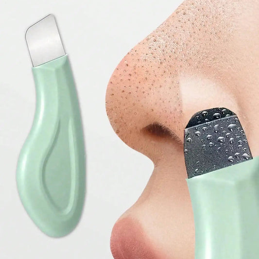 Green blackhead removal tool with a close-up of a nose being cleaned.