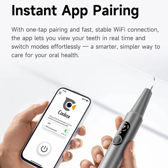 Smart dental tool with smartphone app for instant pairing and real-time tooth monitoring.