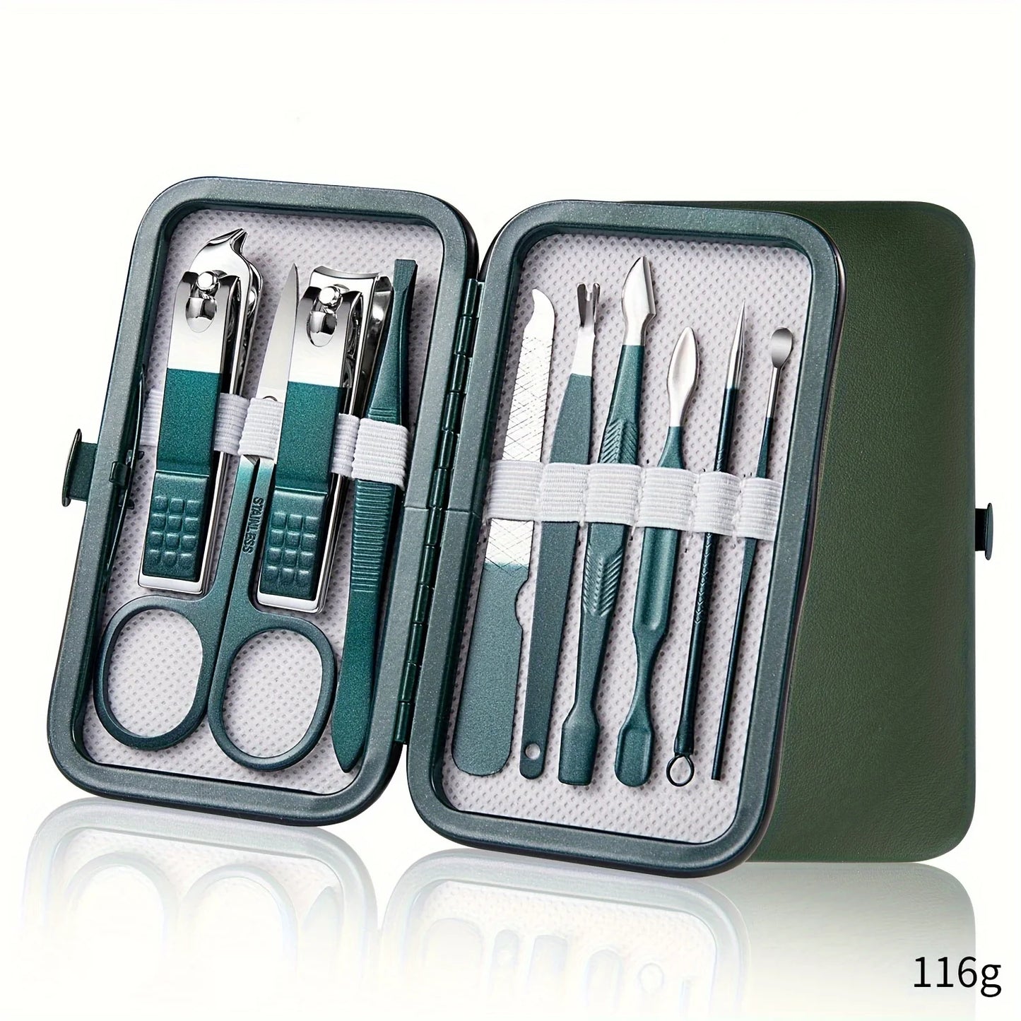 Manicure set with tools in a green case on a white background