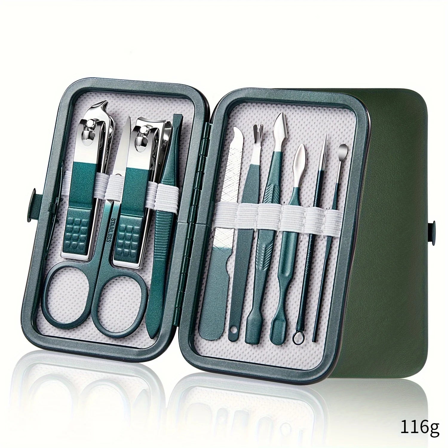 Manicure set with tools in a green case on a white background