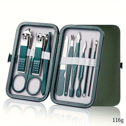 Manicure set with tools in a green case on a white background