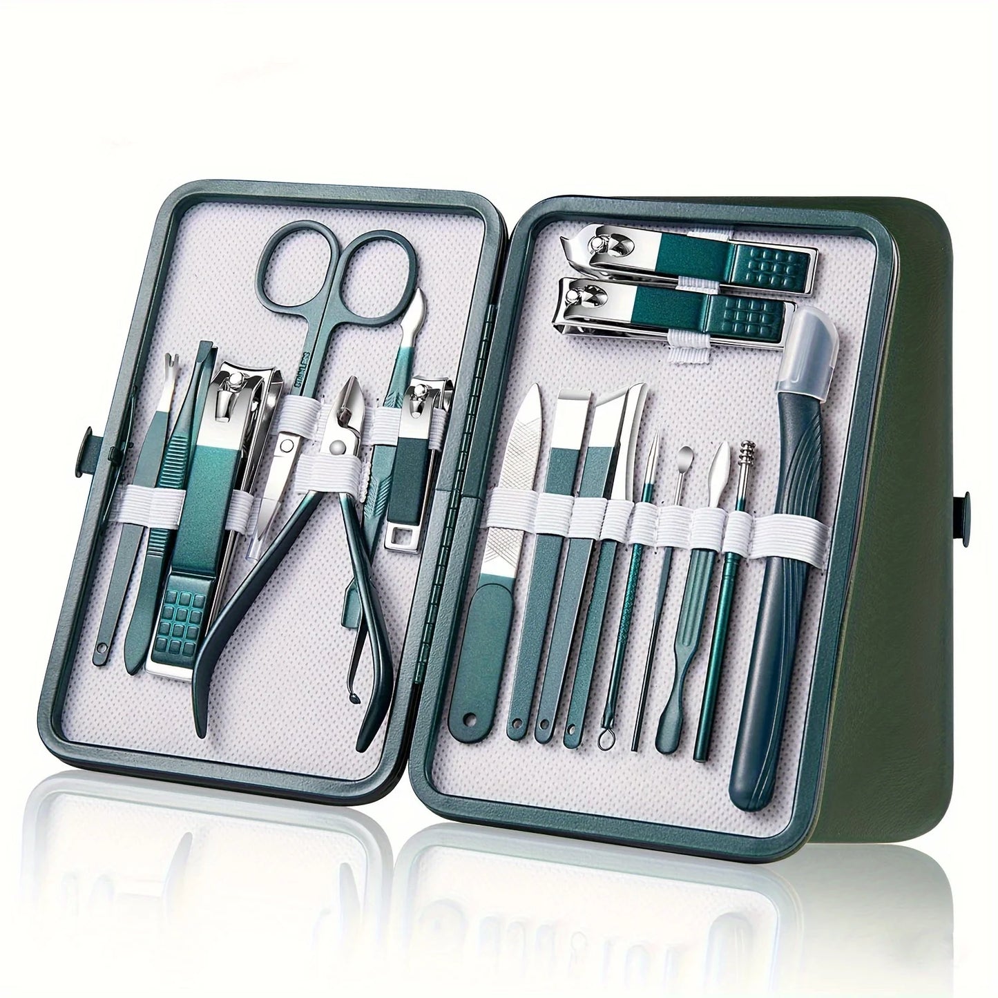 Manicure and pedicure set with tools in a green case on a white background