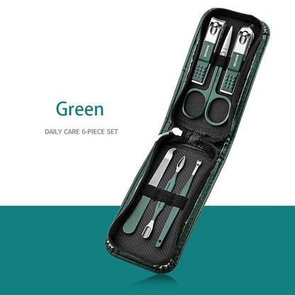 Green 6-piece daily care set with scissors and tools in a case on a white and teal background.