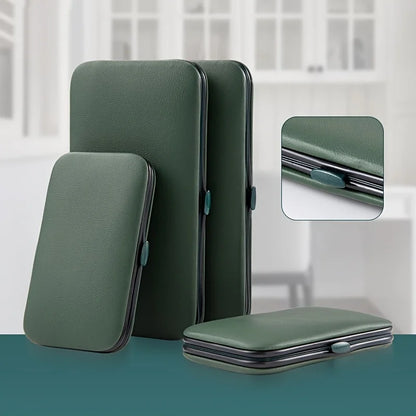 Green nail grooming case with a close-up inset on a blurred background