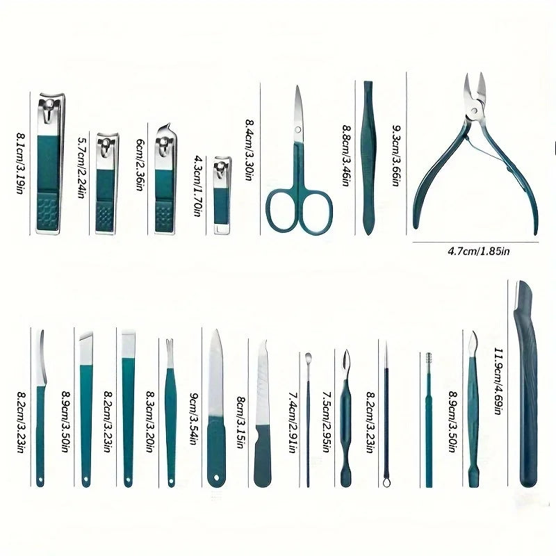 Collection of various nail care tools with measurements on a white background