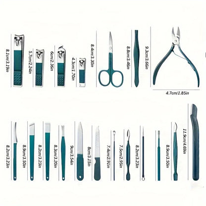 Collection of various nail care tools with measurements on a white background