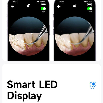 Two smartphone screens showing dental cleaning tools with text about smart LED display and custom modes.