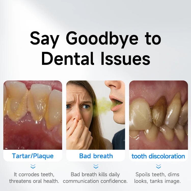 Advertisement about dental issues with images of tartar, bad breath, and tooth discoloration.