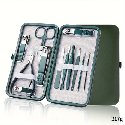 Manicure set with tools in a green case on a white background
