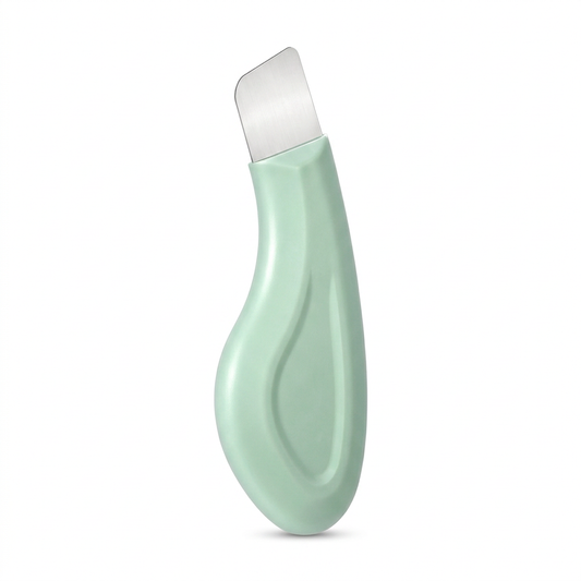 Mint-green facial scraper with stainless steel blade on a white background