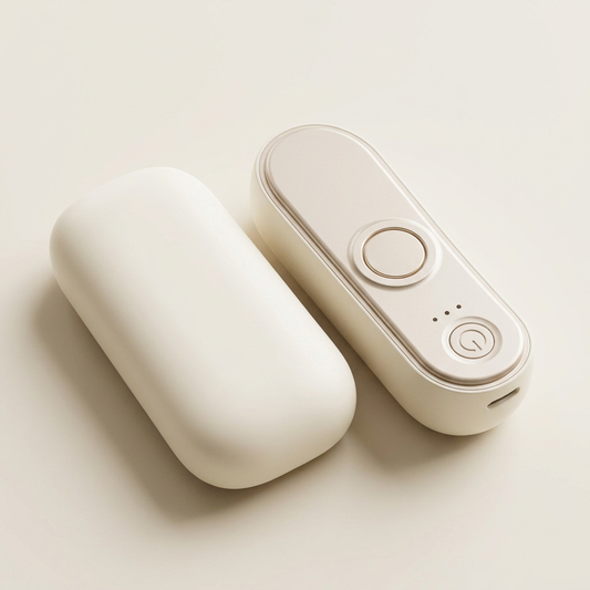 Pair of milk-white magnetic rechargeable hand warmers on a warm off-white background