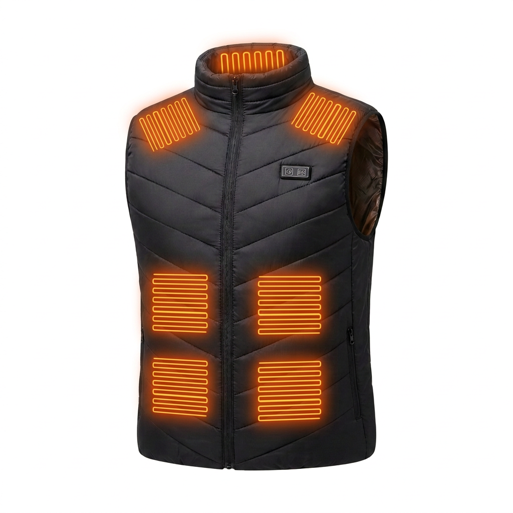 Black heated vest on a white background with illustrative orange heating-zone graphics