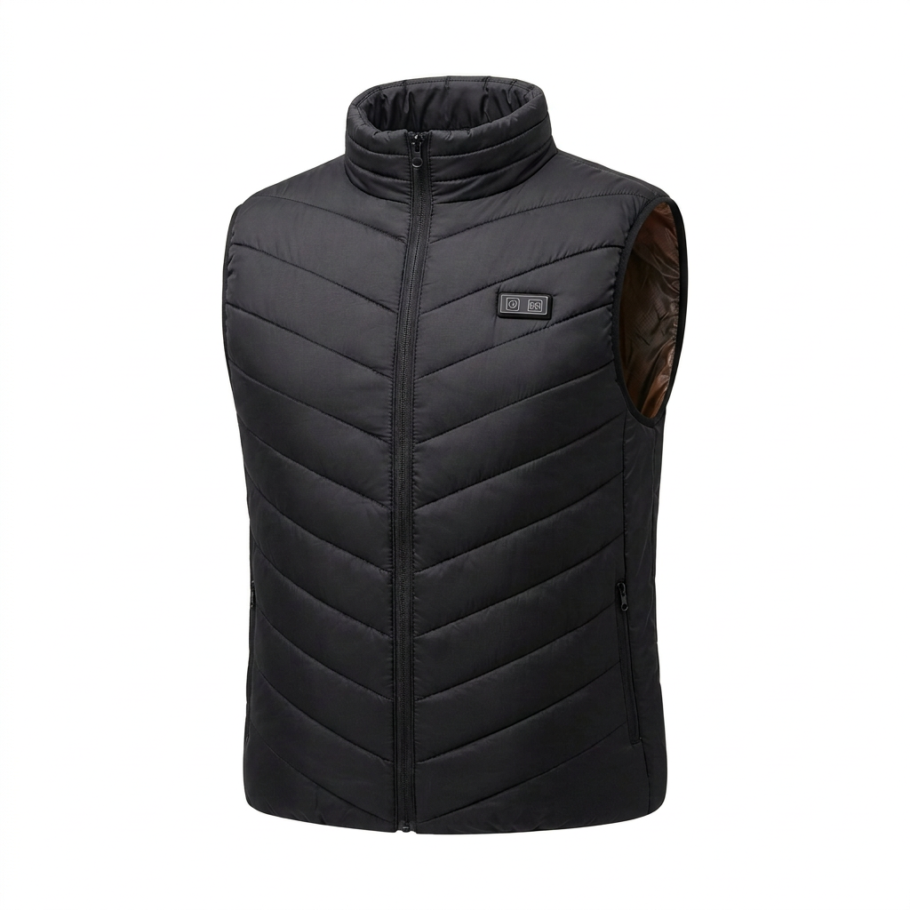 Black quilted heated vest with a stand collar and front zipper on a white background