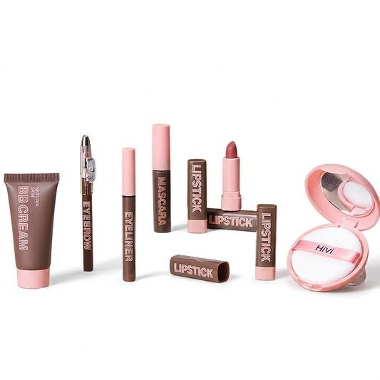 Pink and brown nine-piece makeup set on a white background